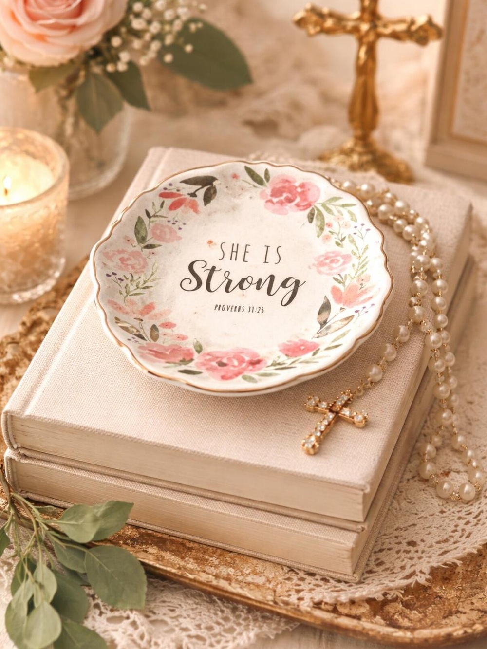 NIB Floral Clay Trinket Dish Proverbs 31:25